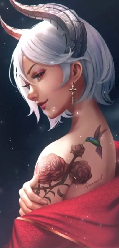 Anime demon girl with white hair and tattoos against a dark background.