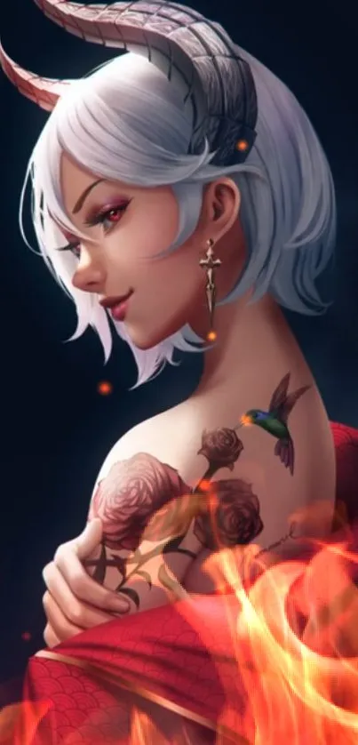 Anime demon girl with tattoos and fiery background in fantasy art style.