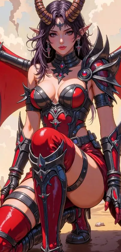 Fantasy demon warrior in red armor with wings