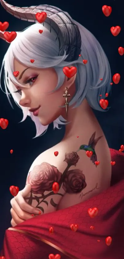 Fantasy demon girl with red hearts and a floral tattoo.