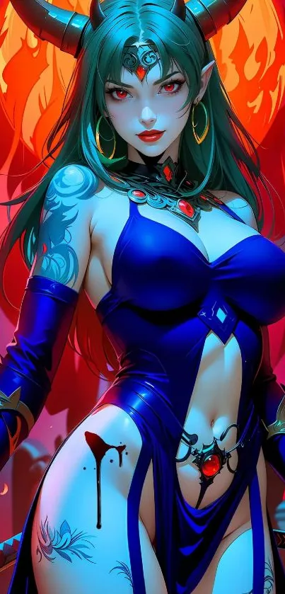 Vibrant fantasy demoness art wallpaper with a mystical design.