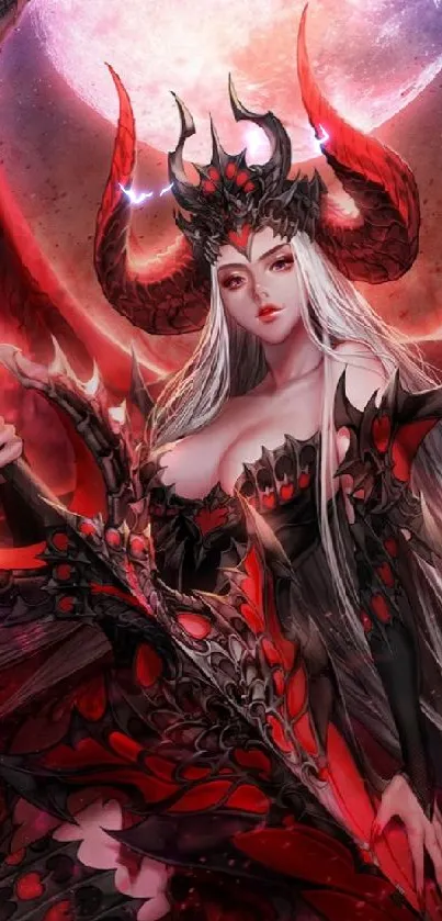 Fantasy demoness artwork with vivid red hues and intricate design.