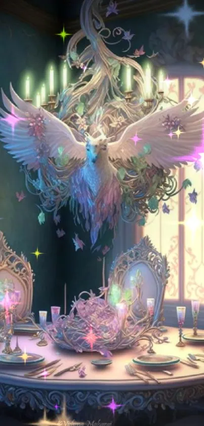 Fantasy dining room with bird chandelier and glowing pastel decor.