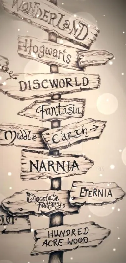 Fantasy signpost wallpaper with mystical destinations like Narnia and Hogwarts.