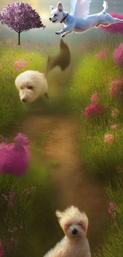 Whimsical scene with flying dog in a colorful meadow under a serene sky.