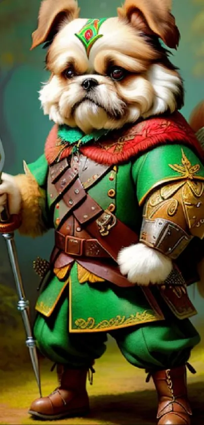 Fantasy dog warrior in green armor, standing bravely in a forest.