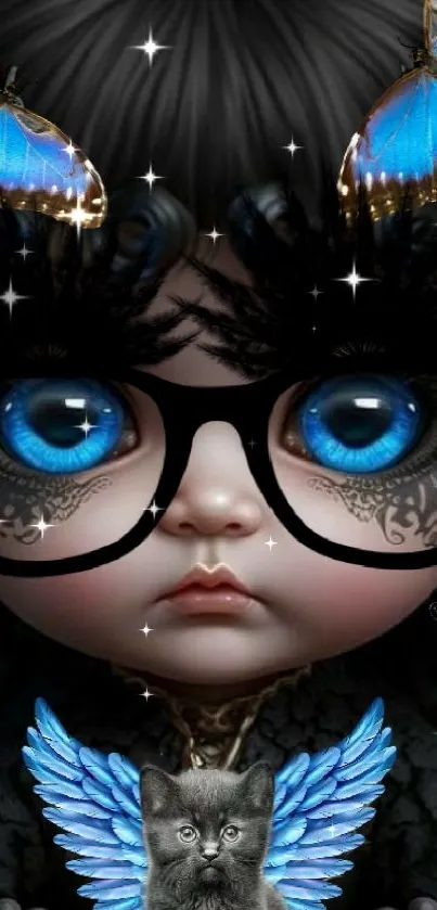 Fantasy doll with blue butterflies on a mystical mobile wallpaper.