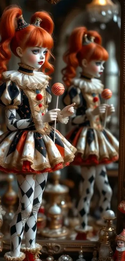 Whimsical doll standing before a mirror in intricate costume.