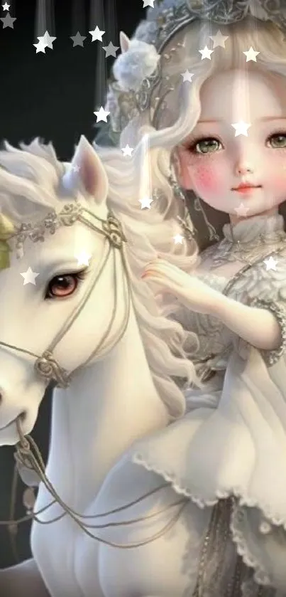 Whimsical doll with flowing hair riding a unicorn in a fantasy wallpaper.