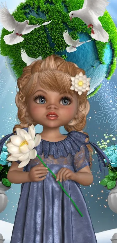 Fantasy doll holding a white flower with doves in a magical nature setting.