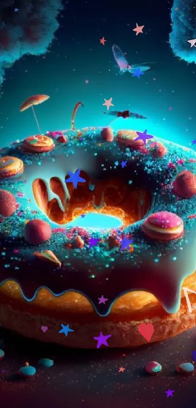 Whimsical donut with galaxy theme and colorful fantasy elements.