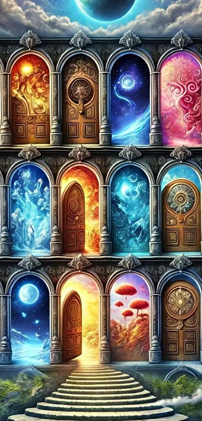 Artistic fantasy doors leading to unique worlds in a vibrant, colorful scene.