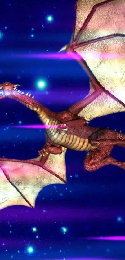 Majestic dragon flying through a starry blue night sky, exuding fantasy and adventure.
