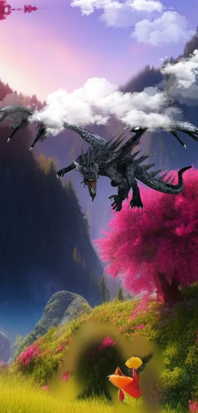 Mobile wallpaper featuring a dragon flying over a colorful fantasy landscape.