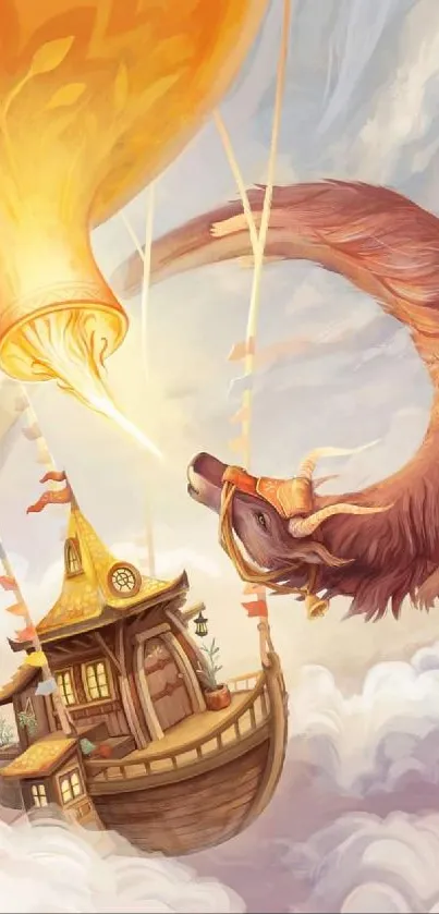 Whimsical dragon airship floating in a fantasy sky filled with clouds.