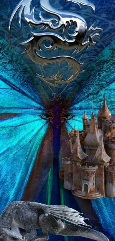 Fantasy dragon and castle wallpaper with vibrant blue hues.