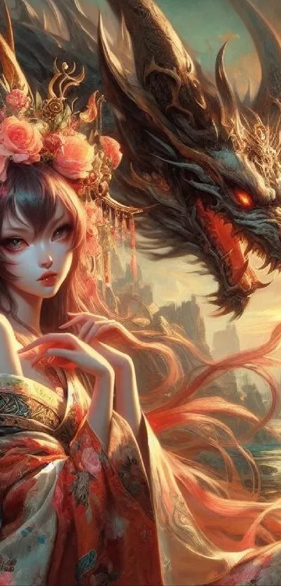 Fantasy warrior with a fearsome dragon in vivid colors.