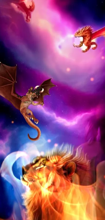 Fantasy scene with dragons and a fiery lion against a celestial backdrop.