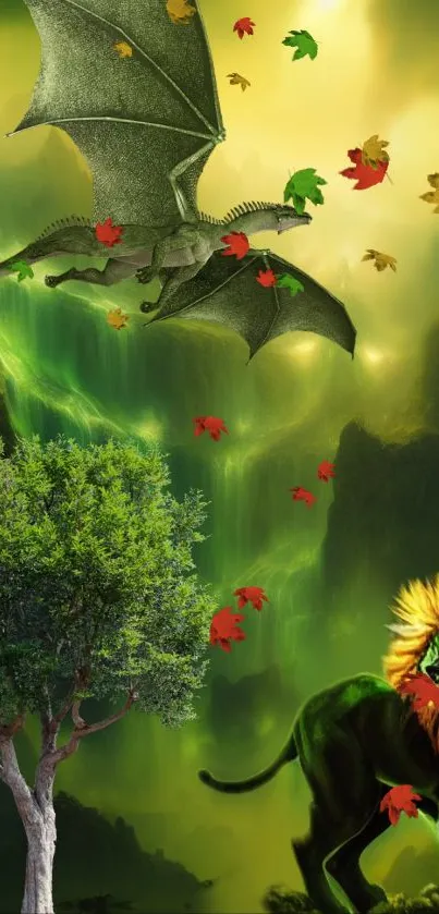 Fantasy scene with dragon, lion, and green forest backdrop.