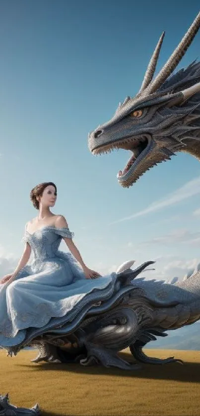 Fantasy art of a princess sitting elegantly on a dragon's tail under a blue sky.