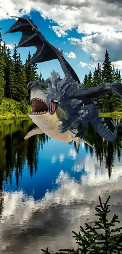 Flying dragon and shark over a reflective lake with forest.