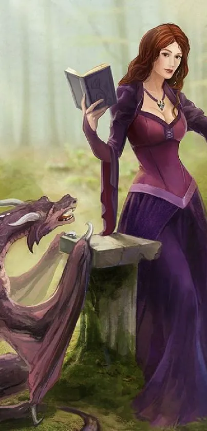 Fantasy artwork of a sorceress with a dragon in a mystical forest.