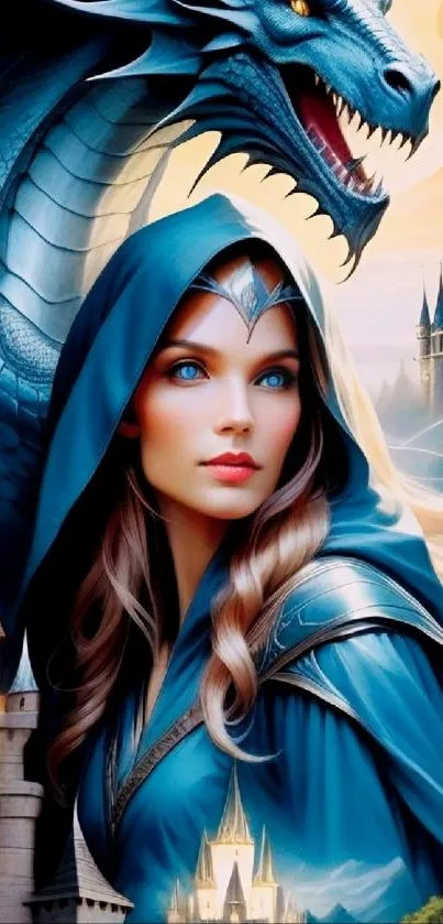 Fantasy art featuring a sorceress and a dragon over a mystical castle.