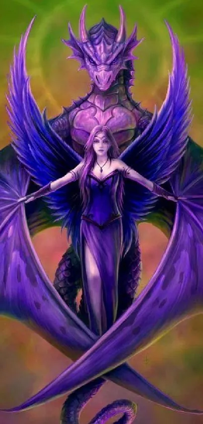 Fantasy wallpaper with a purple dragon and a mystical sorceress.