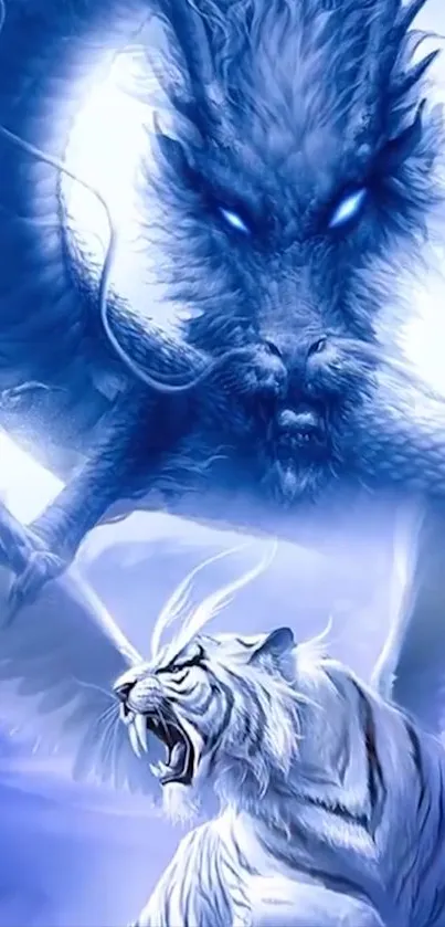 Epic fantasy scene of a dragon confronting a white tiger in blue hues.