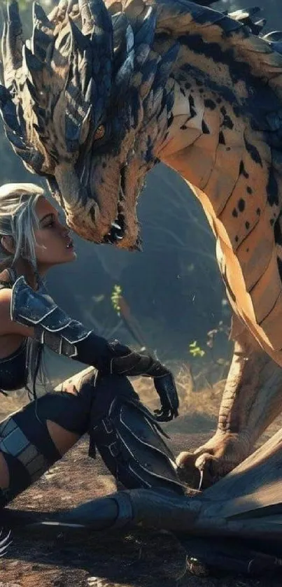 A warrior in armor facing a majestic dragon in a forest setting.