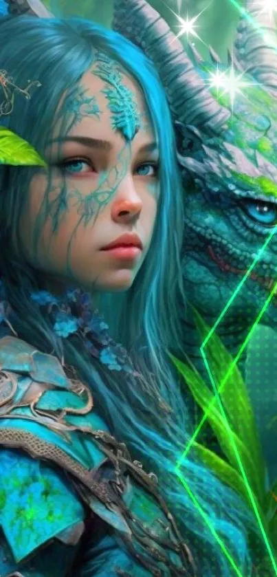 Fantasy warrior and dragon in lush green forest.