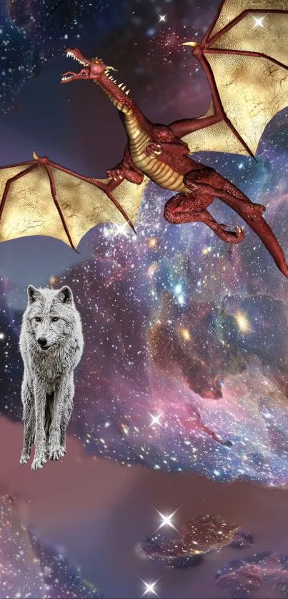Dragon and wolf in starry galaxy wallpaper.