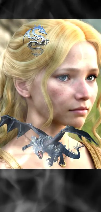 Blonde woman with dragon fantasy wallpaper.