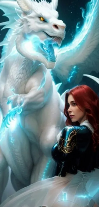 Fantasy art with a white dragon and woman with vibrant blue accents.