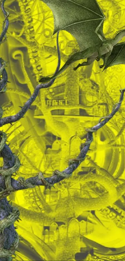 Fantasy dragon on yellow background with twisted tree