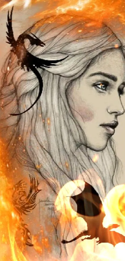 Fantasy wallpaper with woman and dragons in fiery design.