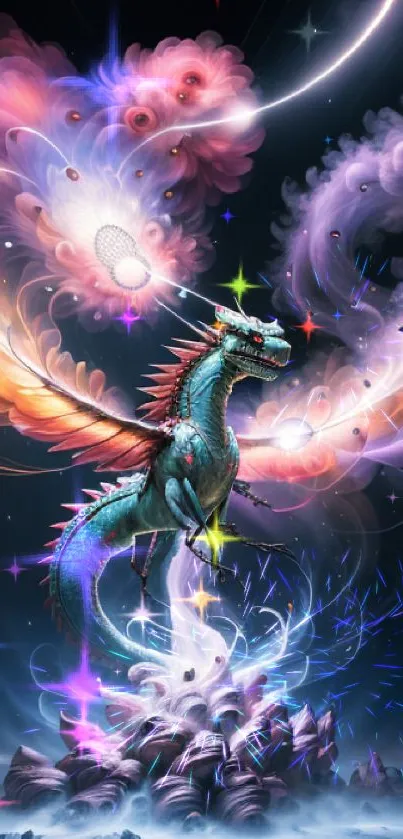 A vibrant, cosmic-themed dragon art wallpaper with fantasy elements.