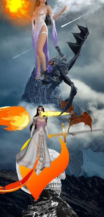 Fantasy scene with sorceress and dragon, set against a mystical cloudy backdrop.