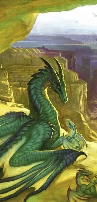 Green dragons in a mystical canyon landscape.