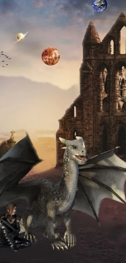 A majestic dragon and ancient castle in a fantasy landscape with planets above.