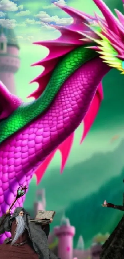 Fantasy wallpaper with pink dragon at a mystical castle.