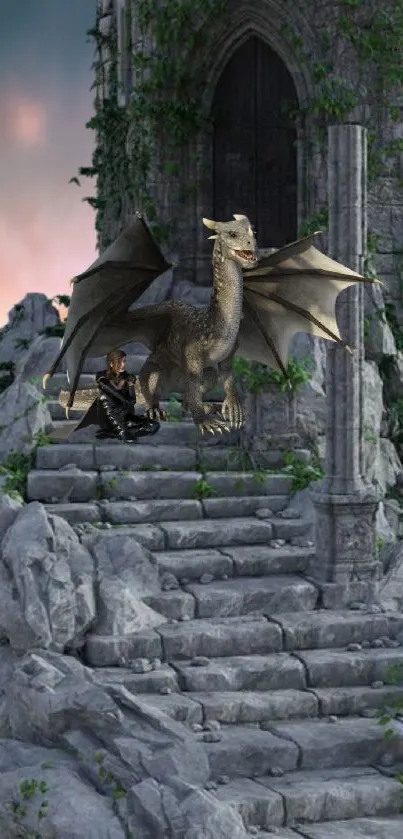 Mystical dragon perches on castle stairs in fantasy landscape wallpaper.