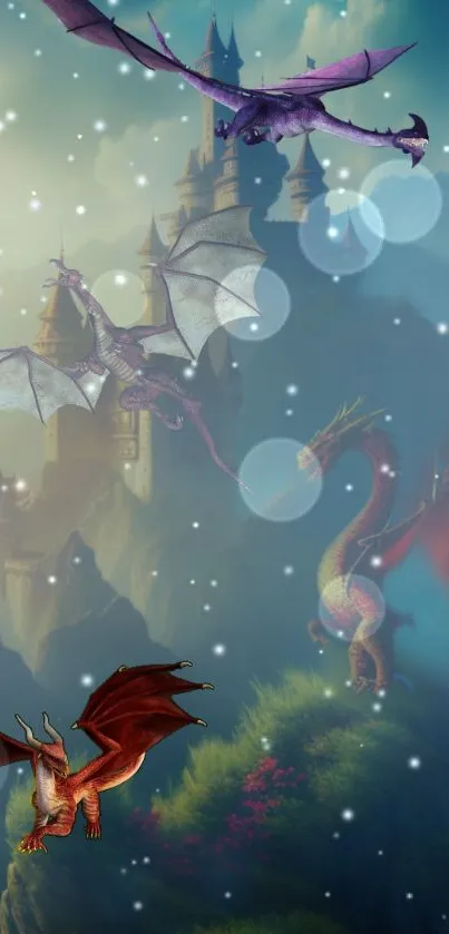 Vibrant fantasy scene with dragons flying around a mystical castle.