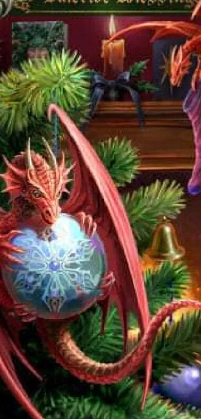 Red dragon with Christmas ornament on a festive tree.