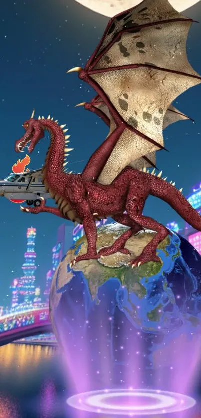 Majestic dragon over Earth in futuristic cityscape.