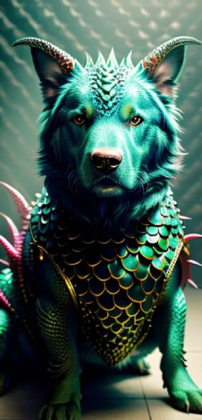 Fantasy dragon dog with colorful teal scales.