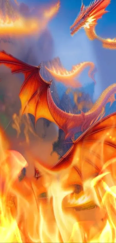 Vivid dragon gliding over flames in a fantasy-themed wallpaper.