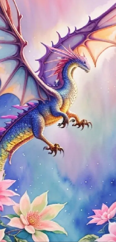 Fantasy dragon flying above vibrant pink flowers.