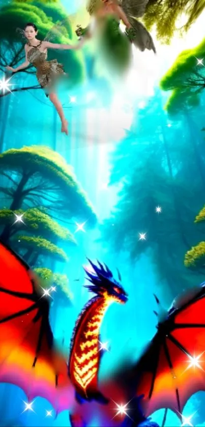 Fantasy wallpaper featuring a dragon in a mystical forest with vibrant colors.