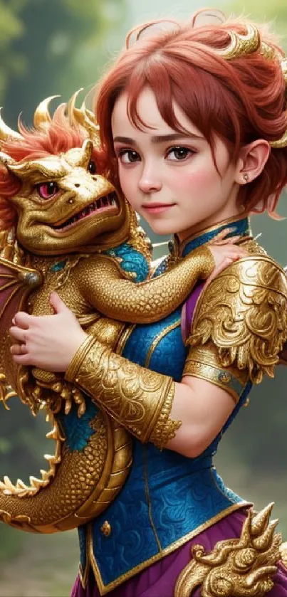 Young girl and dragon in fantasy art with gold and blue tones.